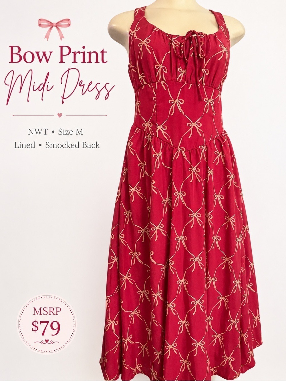 NWT Midnight Doll Bow Print Midi Dress Size Medium | Lined | Smocked Back | $79